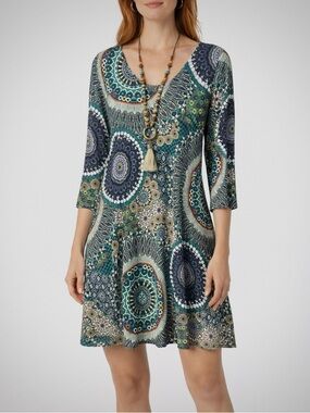 Salaam Boho Stretch Knit Shift Dress in Teal Multi EUC